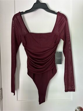 Ruched Burgundy Long-Sleeve Mesh Bodysuit - Mixed Threads